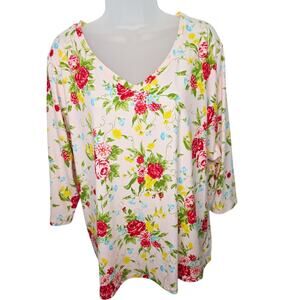 The Pioneer Women Pink Floral V Neck Top Women's XL 3/4 Sleeve Boho Cottagecore